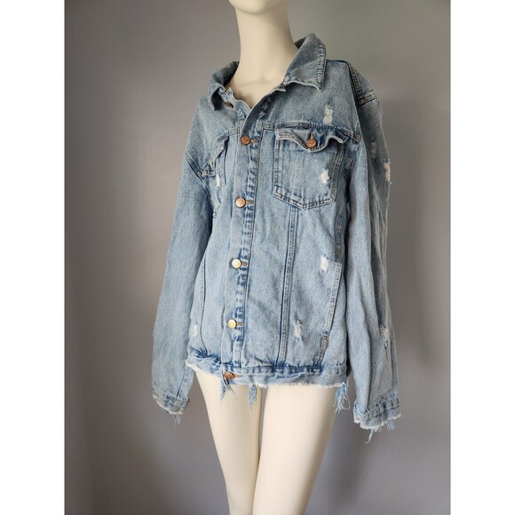 Beau‎ Hudson Men's Medium Light Blue Distressed Button Up Denim Jean Jacket Coat - Picture 14 of 14